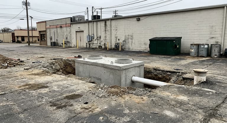 Precast concrete interceptor tank sitting in an open excavation in an asphalt service lot behind a kitchen