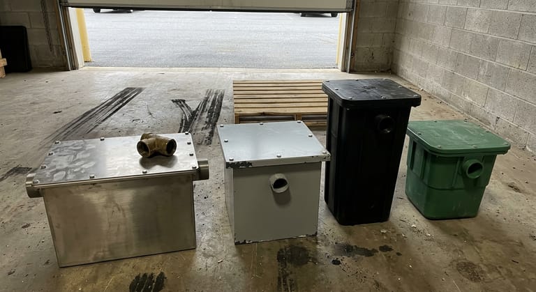 Four unbranded grease interceptors of different types and body materials standing side by side on a warehouse floor.