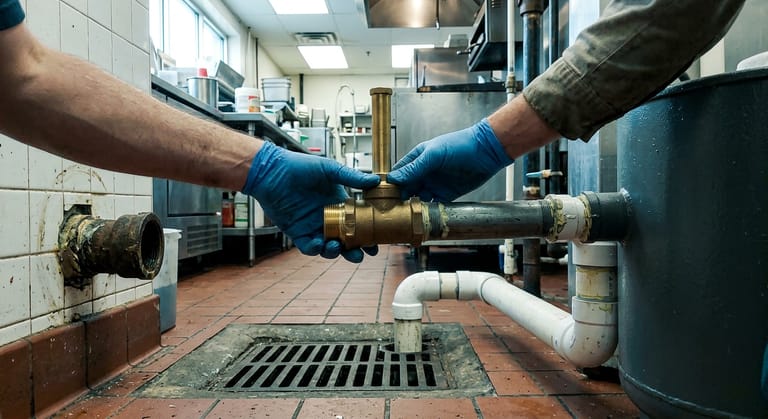 Gloved hands steadying a brass flow control fitting with air intake on an interceptor inlet line.