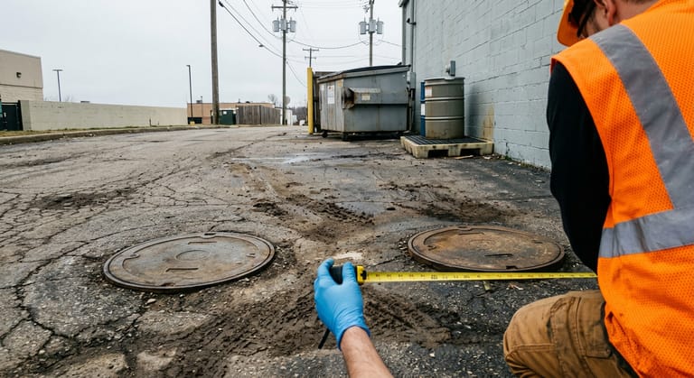Closed cast iron interceptor lids and a smaller sample port lid in a cracked asphalt service lot.