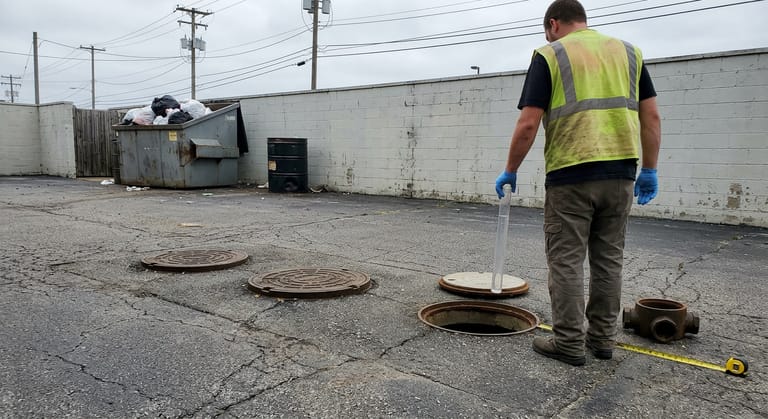 Worker in a vest holds a clear sampler tube beside a small open sample port in asphalt, two closed tank lids nearby.