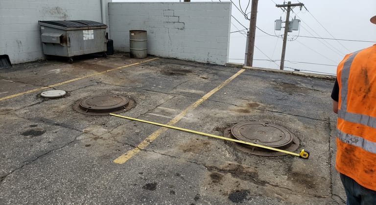 Two closed cast iron lids and a smaller sample port lid set in cracked asphalt behind a kitchen.