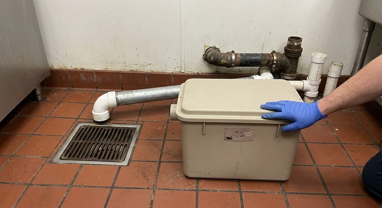 An unbranded hydromechanical grease interceptor on quarry tile beside a floor sink, a small rating plate on its side.