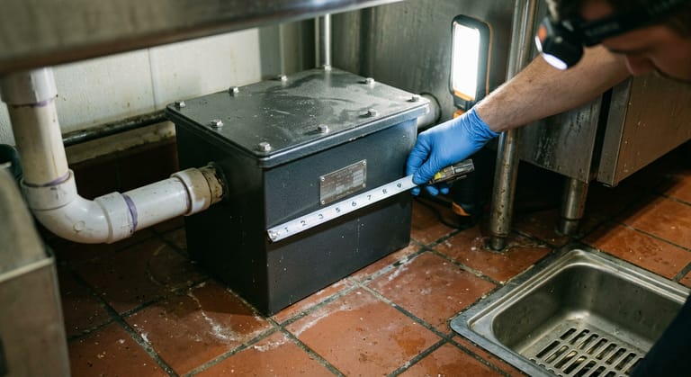 Gloved hand and a tape measure beside the small metal rating plate on a closed point of use unit