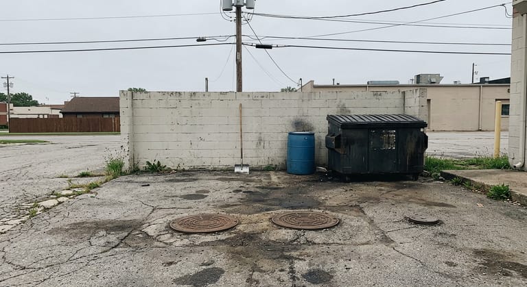 Two closed round lids and a smaller sample port lid set in cracked asphalt behind a restaurant