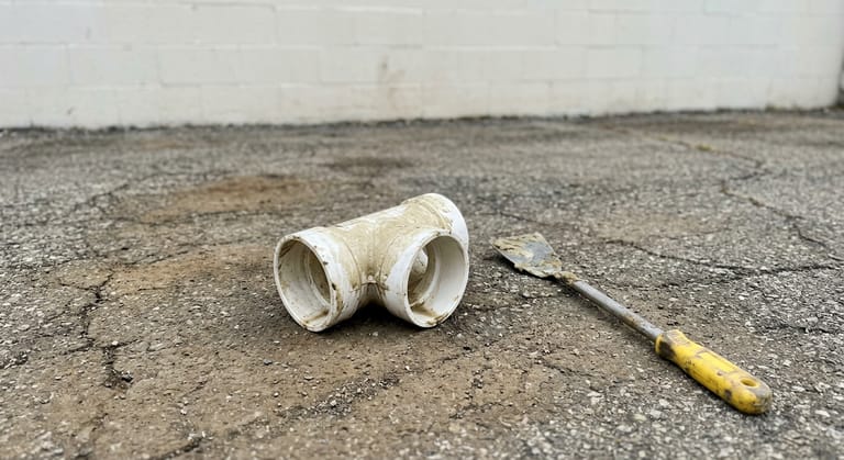 A grease-coated PVC outlet tee pulled from a grease interceptor lying on cracked asphalt beside a hand scraper with a caked blade