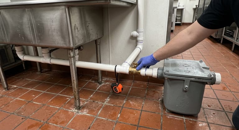 Flow control fitting and vent tee on the inlet piping of an indoor grease interceptor beside a commercial sink