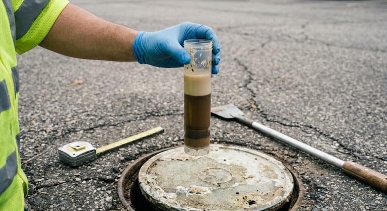 Gloved hand holding a clear depth sampler tube showing separated grease, liquid and solids layers above an open lid