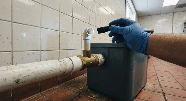 Gloved hand with a flashlight checking the vent on a brass flow control fitting at an interceptor inlet.