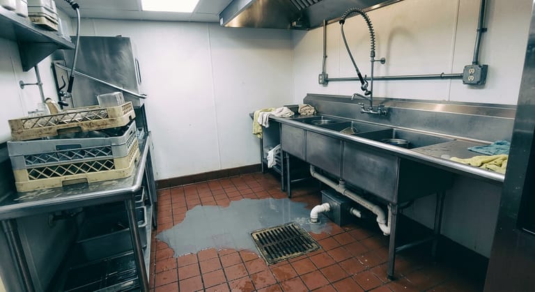 Grey water pooled on red-brown quarry tile around a floor sink in a commercial kitchen dish area