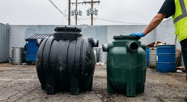 Two unbranded polyethylene grease interceptor tanks of different sizes standing on asphalt behind a commercial kitchen.