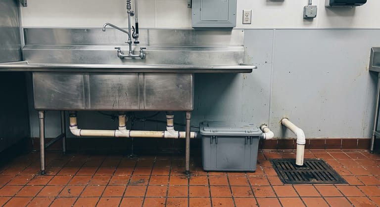 Point of use grease interceptor on quarry tile beside a three compartment sink, waste pipe ending above a floor sink